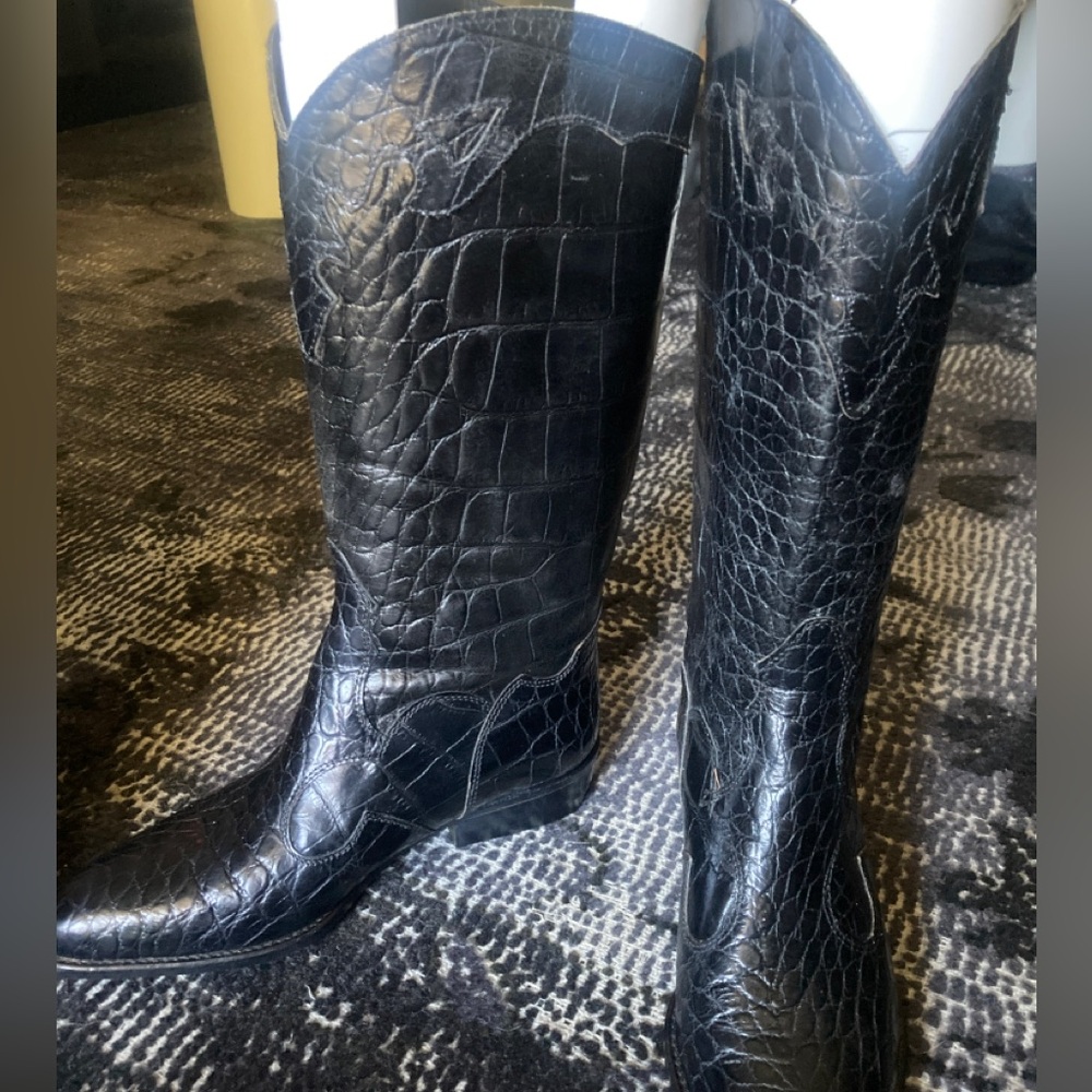 Vtg NEW joan and david crocodile cowboy boots 6.5 black leather animal western - Picture 2 of 12